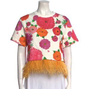 La DoubleJ Floral Print Cotton Crew Neck Top Feather Trim Sz Small La Double J